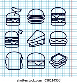 Set of 9 bun outline icons such as burger, sandwich, double burger with flag