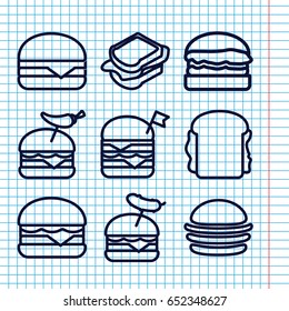 Set of 9 bun outline icons such as burger, sandwich, double burger with flag