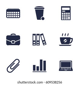 Set Of 9 Bureau Icons Set.Collection Of Calculator, Trash Can, Laptop And Other Elements.