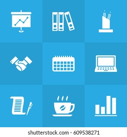 Set Of 9 Bureau Icons Set.Collection Of Calendar, Pencil Stand, Laptop Elements.