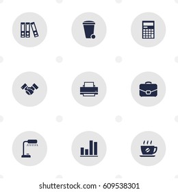 Set Of 9 Bureau Icons Set.Collection Of Trash Can, Diagram, Calculator And Other Elements.