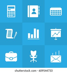 Set Of 9 Bureau Icons Set.Collection Of Diplomat, Office Chair, Mail And Other Elements.