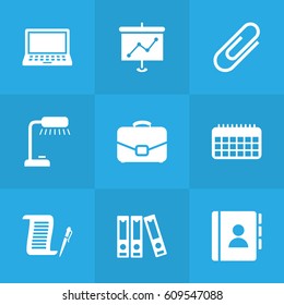 Set Of 9 Bureau Icons Set.Collection Of Contract, Calendar, File Folder And Other Elements.
