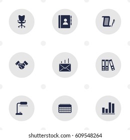 Set Of 9 Bureau Icons Set.Collection Of Diagram, Office Chair, Contract And Other Elements.