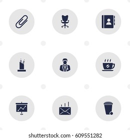 Set Of 9 Bureau Icons Set.Collection Of Presentation, Clip, Pencil Stand Elements.