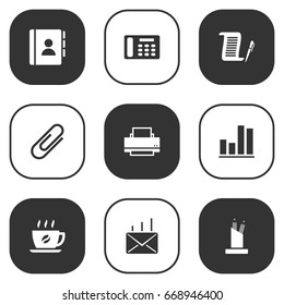 Set Of 9 Bureau Icons Set.Collection Of Contract, Coffee, Address Book And Other Elements.