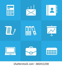 Set Of 9 Bureau Icons Set.Collection Of Calendar, Calculator, File Folder And Other Elements.