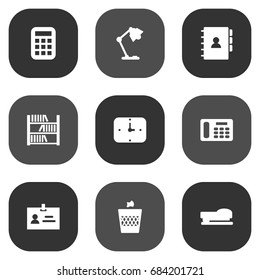 Set Of 9 Bureau Icons Set.Collection Of Book, Urn, Phone And Other Elements.