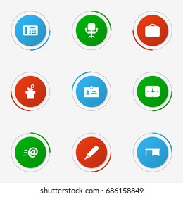 Set Of 9 Bureau Icons Set.Collection Of Case, Label, Flower And Other Elements.