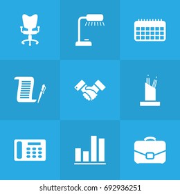 Set Of 9 Bureau Icons Set.Collection Of Diplomat, Handshake, Table Lighter Elements.