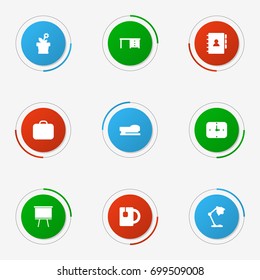 Set Of 9 Bureau Icons Set.Collection Of Blackboard, Flower, Book And Other Elements.
