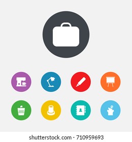 Set Of 9 Bureau Icons Set.Collection Of Urn, Case, Espresso And Other Elements.