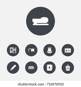 Set Of 9 Bureau Icons Set.Collection Of Data, Label, Book And Other Elements.