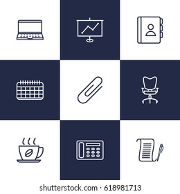 Set Of 9 Bureau Outline Icons Set.Collection Of Telephone Directory, Show, Notebook And Other Elements.