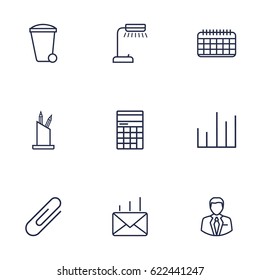 Set Of 9 Bureau Outline Icons Set.Collection Of Post, Fastener Paper, Recycle Bin And Other Elements.