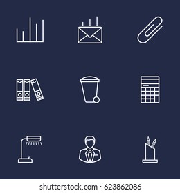 Set Of 9 Bureau Outline Icons Set.Collection Of Fastener Paper, Reading-Lamp, Counter And Other Elements.