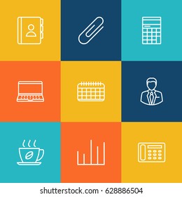 Set Of 9 Bureau Outline Icons Set.Collection Of Contacts, Fastener Paper, Telephone Directory And Other Elements.