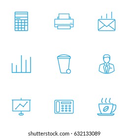 Set Of 9 Bureau Outline Icons Set.Collection Of Contacts, Printing Machine, Counter And Other Elements.