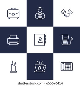 Set Of 9 Bureau Outline Icons Set.Collection Of Administrator, Telephone Directory, Hot Drink And Other Elements.