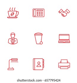 Set Of 9 Bureau Outline Icons Set.Collection Of Recycle Bin, Hot Drink, Notebook And Other Elements.