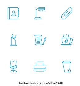 Set Of 9 Bureau Outline Icons Set.Collection Of Workplace, Agreement, Printing Machine And Other Elements.