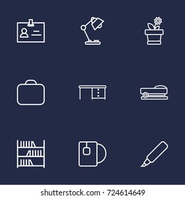 Set Of 9 Bureau Outline Icons Set.Collection Of Flowerpot, Desk, Marker And Other Elements.