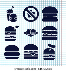Set of 9 burger filled icons such as double burger with flag, burger with sausage