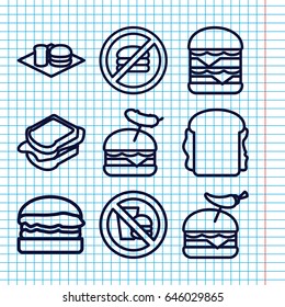 Set of 9 burger outline icons such as sandwich, burger with pepper