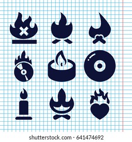 Set of 9 burn filled icons such as candle, no fire, heart in fire, cd fire, bonfire