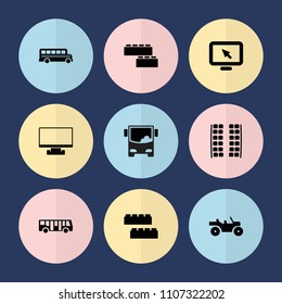Set of 9 bus filled icons such as airport bus, plane seats, child building kit, weapon truck, display pointer
