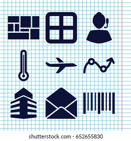 Set of 9 business filled icons such as window, bar code, lugagge, envelope, building, graph, thermometer, plane