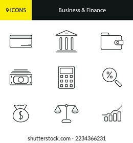 Set of 9 Business and Finance web icons in line style. Money, bank, payment, strategy, accounting, infographic. Icon collection..