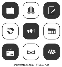 Set Of 9 Business Icons Set.Collection Of Message, Speaker, Suitcase And Other Elements.