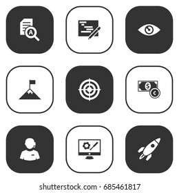 Set Of 9 Business Icons Set.Collection Of Achievement, Rocket, Document Checking And Other Elements.