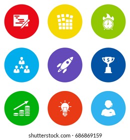 Set Of 9 Business Icons Set.Collection Of Goblet, Startup Building, Rocket And Other Elements.