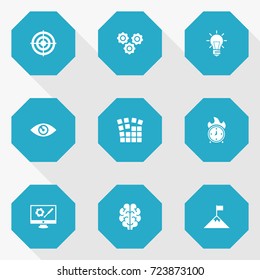 Set Of 9 Business Icons Set.Collection Of Intelligence, Bulb, Startup Building And Other Elements.