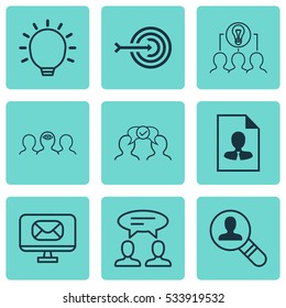 Set Of 9 Business Management Icons. Can Be Used For Web, Mobile, UI And Infographic Design. Includes Elements Such As Email, Open Vacancy, Arrow And More.