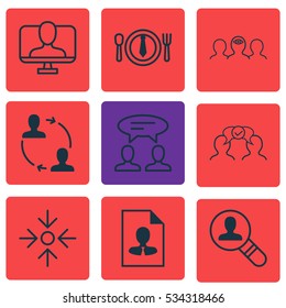Set Of 9 Business Management Icons. Can Be Used For Web, Mobile, UI And Infographic Design. Includes Elements Such As Business Aim, Open Vacancy, Dialogue And More.