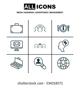 Set Of 9 Business Management Icons. Can Be Used For Web, Mobile, UI And Infographic Design. Includes Elements Such As Document Suitcase, Human Mind, Open Vacancy And More.