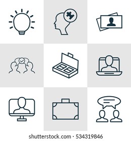 Set Of 9 Business Management Icons. Can Be Used For Web, Mobile, UI And Infographic Design. Includes Elements Such As Online Identity, Dialogue, Cooperation And More.