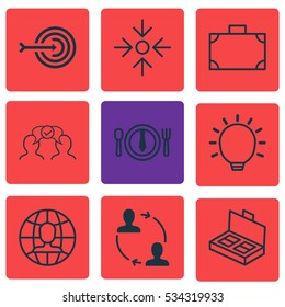 Set Of 9 Business Management Icons. Can Be Used For Web, Mobile, UI And Infographic Design. Includes Elements Such As Business Aim, Arrow, Great Glimpse And More.