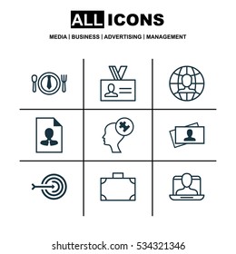 Set Of 9 Business Management Icons. Can Be Used For Web, Mobile, UI And Infographic Design. Includes Elements Such As Portfolio, Cv, Global Work And More.