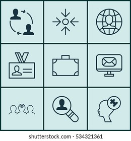 Set Of 9 Business Management Icons. Can Be Used For Web, Mobile, UI And Infographic Design. Includes Elements Such As Business Aim, Coaching, Human Mind And More.
