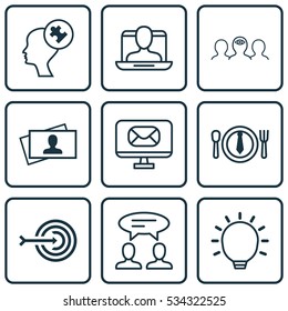 Set Of 9 Business Management Icons. Can Be Used For Web, Mobile, UI And Infographic Design. Includes Elements Such As Coaching, Dinner, Human Mind And More.