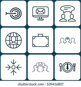 Set Of 9 Business Management Icons. Includes Business Aim, Portfolio, Global Work And Other Symbols. Beautiful Design Elements.