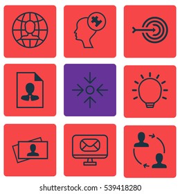 Set Of 9 Business Management Icons. Includes Calling Card, Business Aim, Great Glimpse And Other Symbols. Beautiful Design Elements.