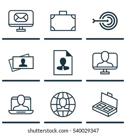 Set Of 9 Business Management Icons. Includes Portfolio, Document Suitcase, Email And Other Symbols. Beautiful Design Elements.