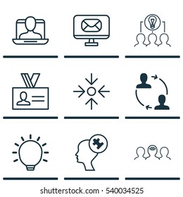 Set Of 9 Business Management Icons. Includes Collaborative Solution, Human Mind, Authentication And Other Symbols. Beautiful Design Elements.