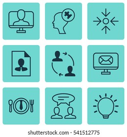 Set Of 9 Business Management Icons. Includes Online Identity, Cooperation, Business Aim And Other Symbols. Beautiful Design Elements.