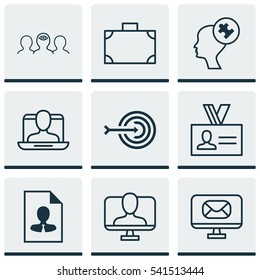 Set Of 9 Business Management Icons. Includes Online Identity, Email, Social Profile And Other Symbols. Beautiful Design Elements.